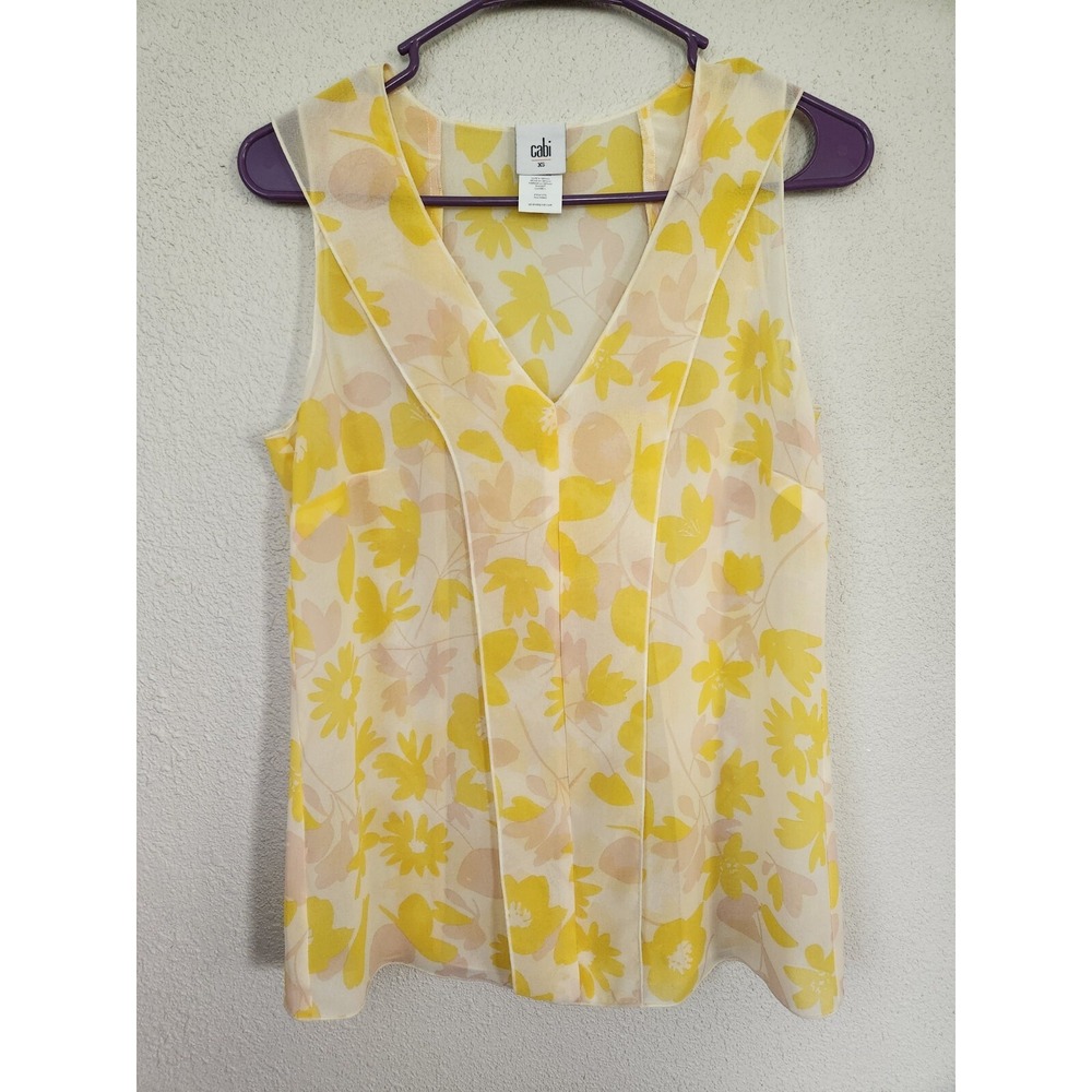 Cabi Front Porch Top #5726 Yellow Pink Cream Sheer Chiffon Tank Top Blouse Sz XS